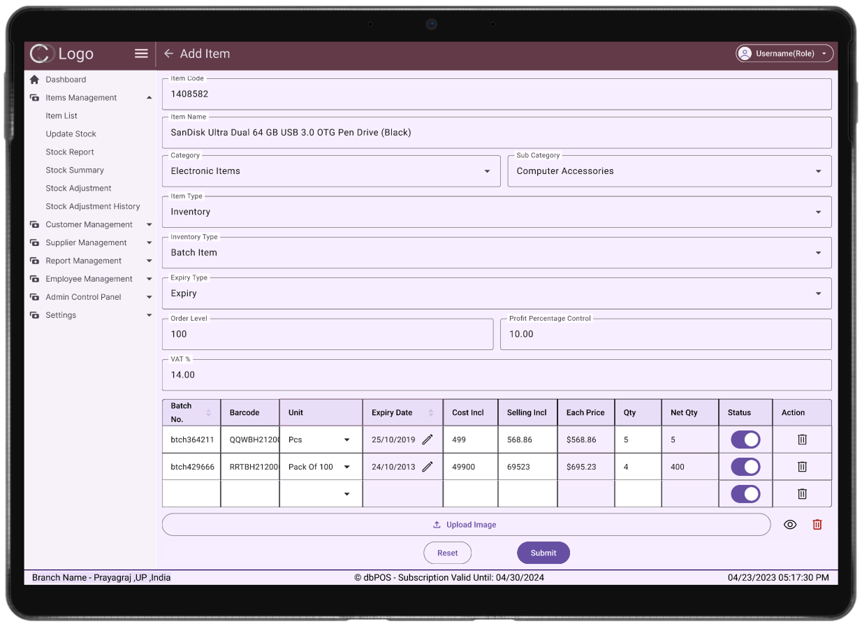 dbPOS Add Item Screen